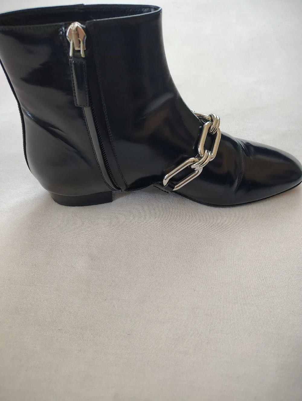 Michael Kors Black Patent Chain-Accent Ankle Boots. Size 37